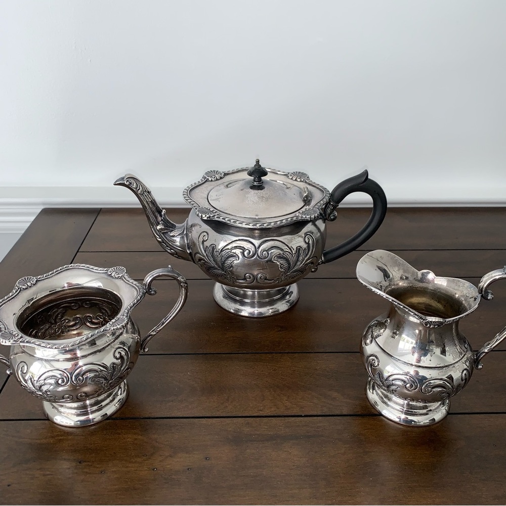 Antique Silver Plated Tea Set Hand Chased Silverware Old English Repro